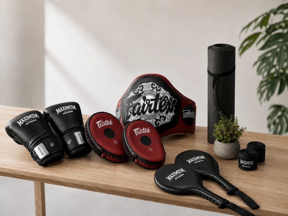 Equipamentos de treino de luta de alto padrão: luvas de boxe, manoplas e cinturão Fairtex, raquetes, bandagens e colchonete