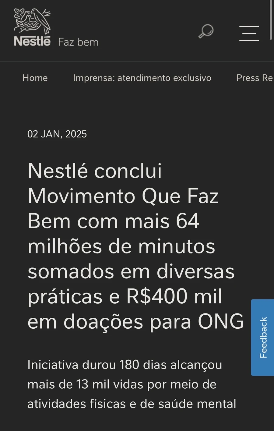 Publicação oficial da Nestlé sobre o Movimento Que Faz Bem
