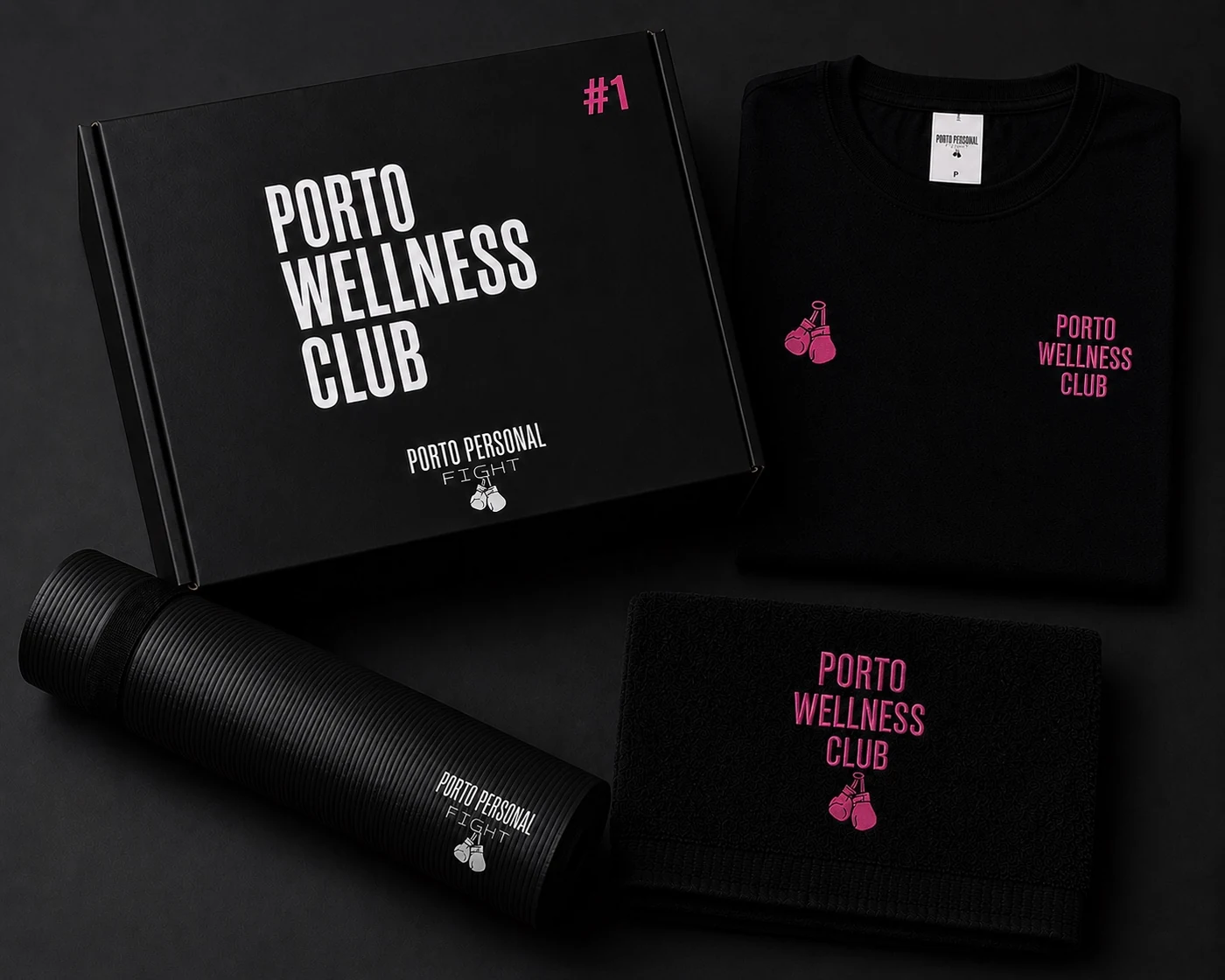 Press kit do Porto Wellness Club com camiseta, toalha e tapete personalizado